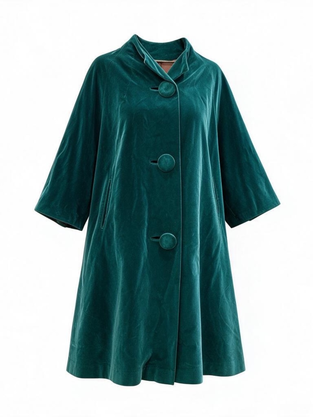 Vintage Mid-Century Green Velvet Opera Swing Coats With Oversized Buttons Luxe